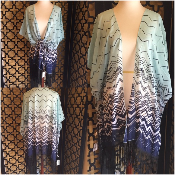 Blue Toned Chevron Print Kimono W/ Fringe